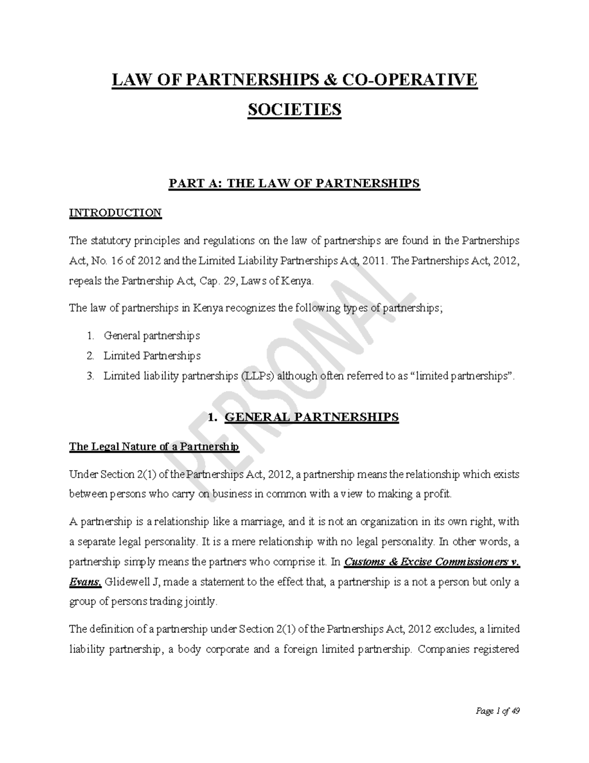 LAW OF PARTNERSHIPS - CLASS NOTES 260310: INTRODUCTION & KEY PRINCIPLES ...