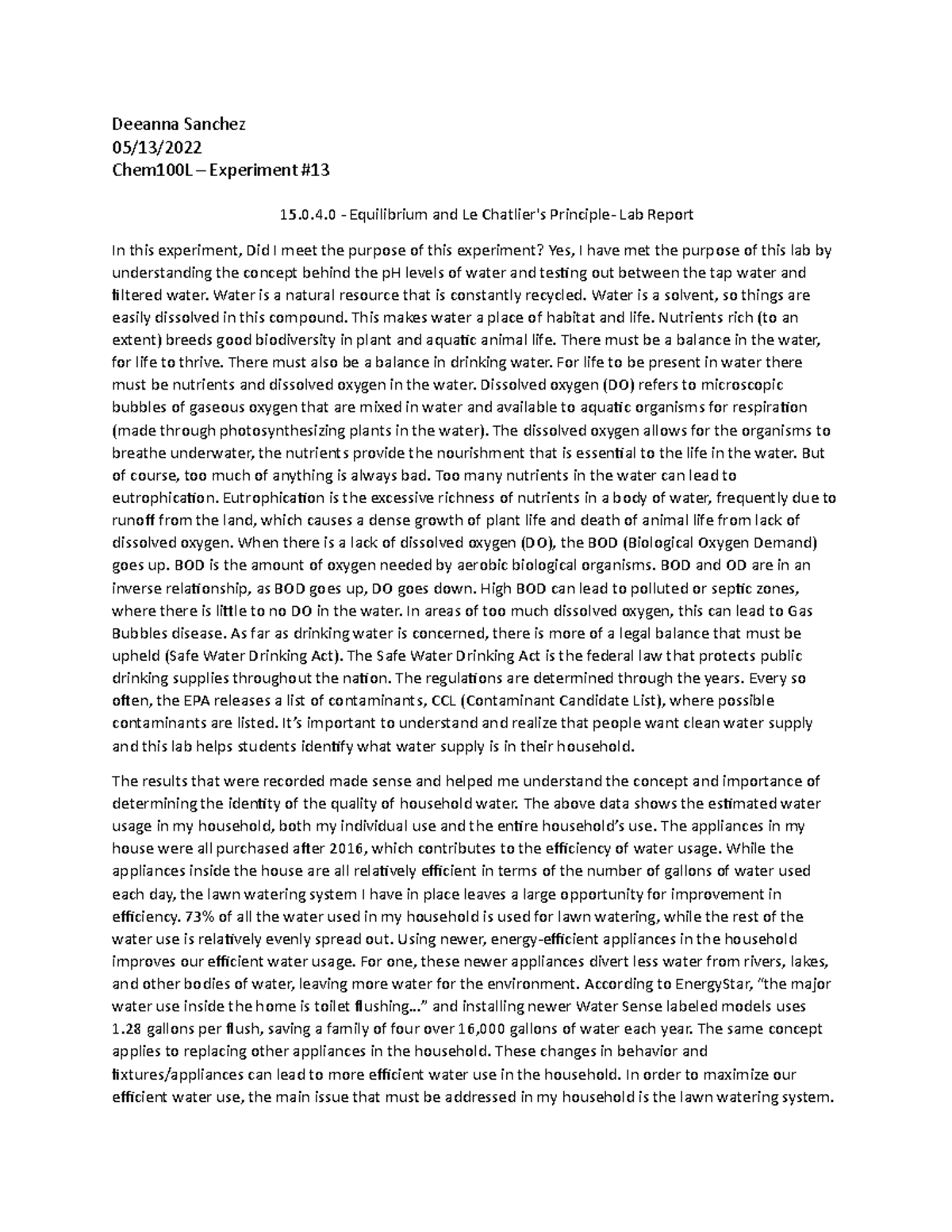 Chem100L Lab Report 13: Water Quality & Conservation Insights - Studocu