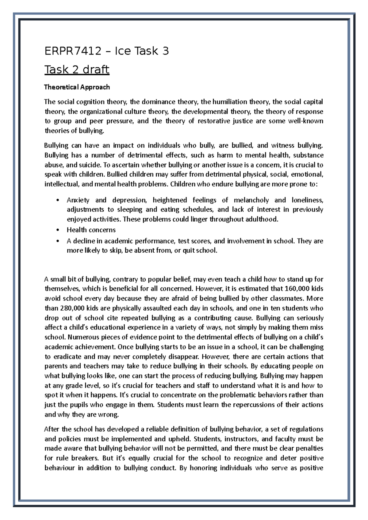 ERPR7412 - Ice Task 2 Draft - The Impact of Bullying on Academics - Studocu