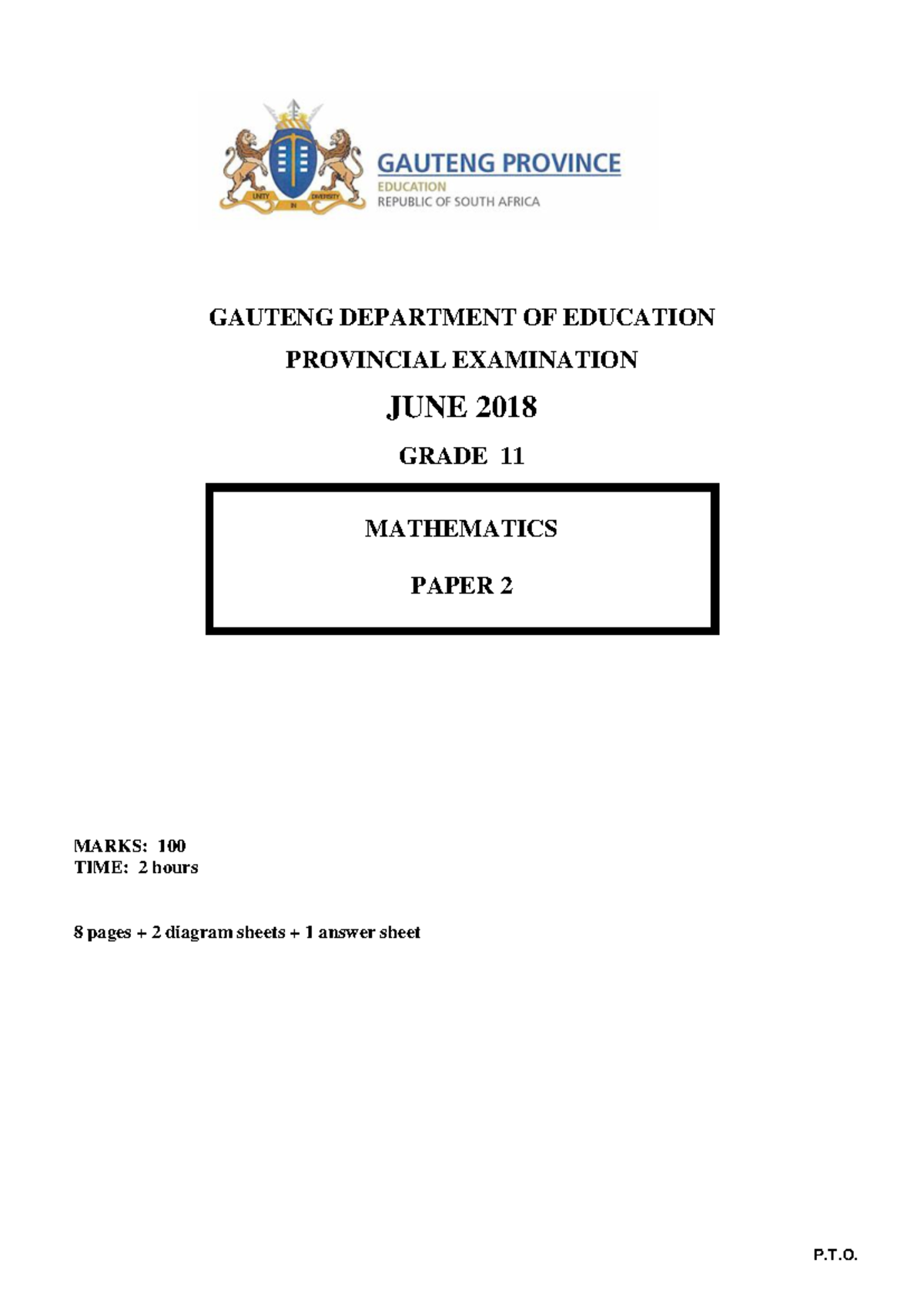 Grade 11 Mathematics Paper 2 - June 2018 - Past Exam Paper - Studocu