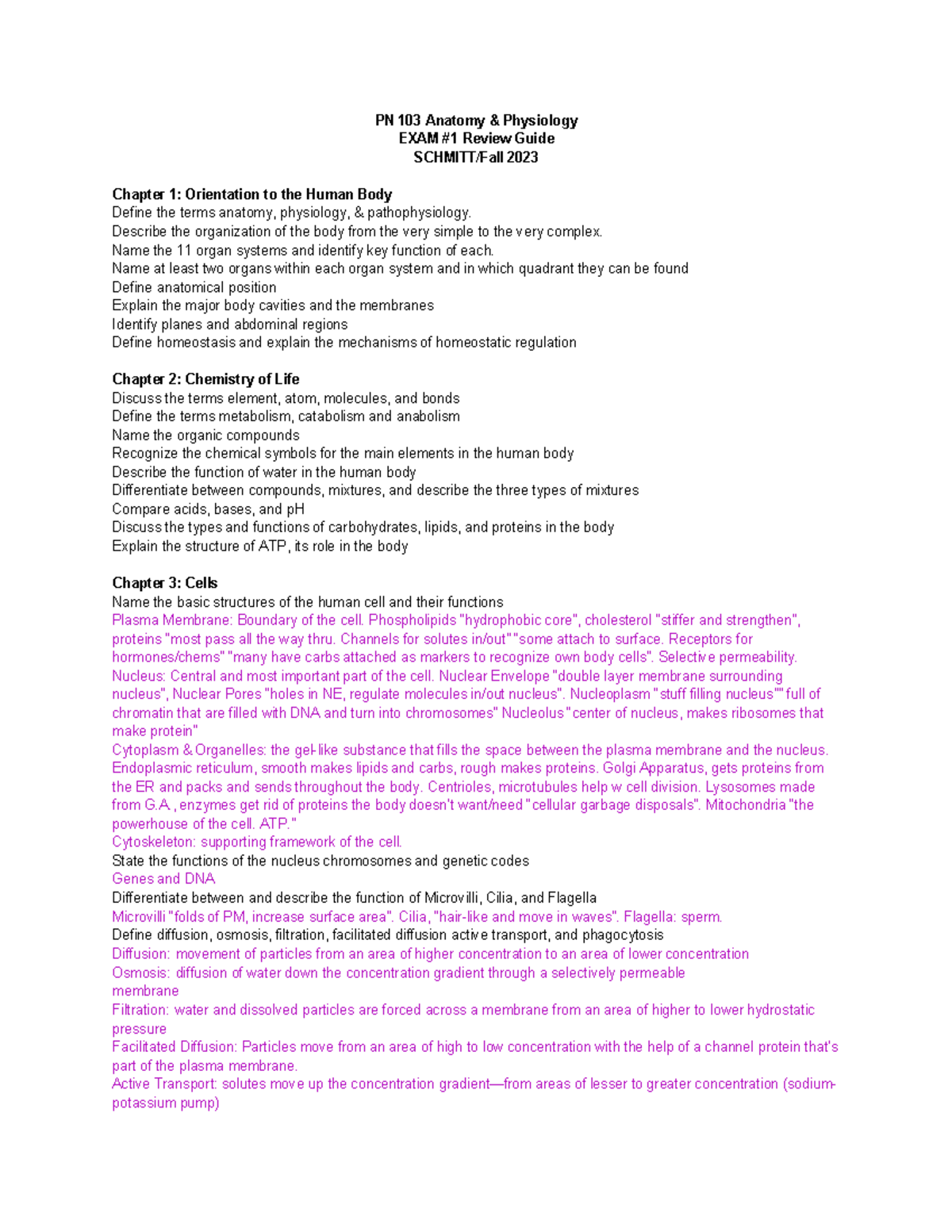 PN 103 Anatomy & Physiology Exam 1 Review Guide - Fall 2023 - Studocu