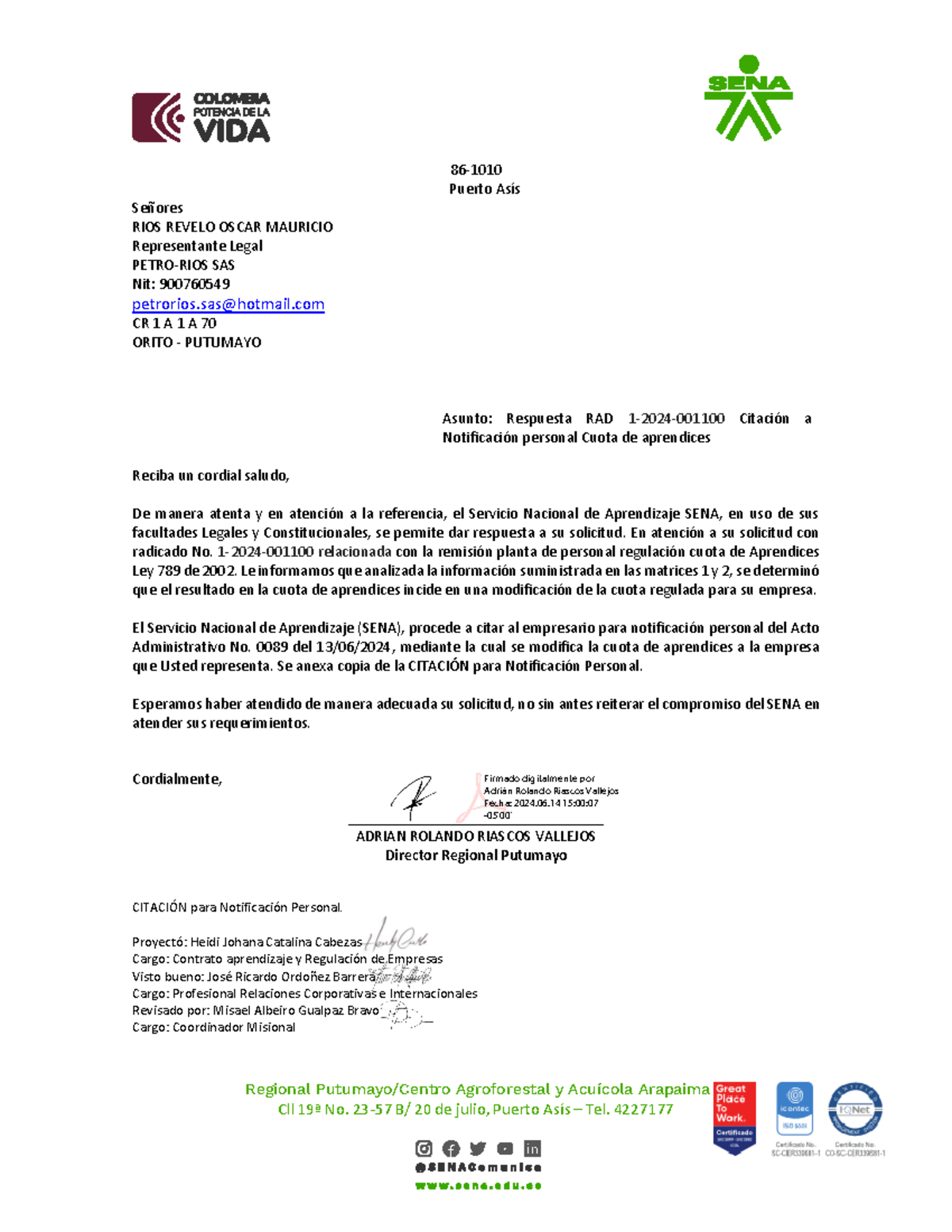 Respuesta RAD 1-2024-001100 a PETRO-RIOS SAS - Notificación Personal ...
