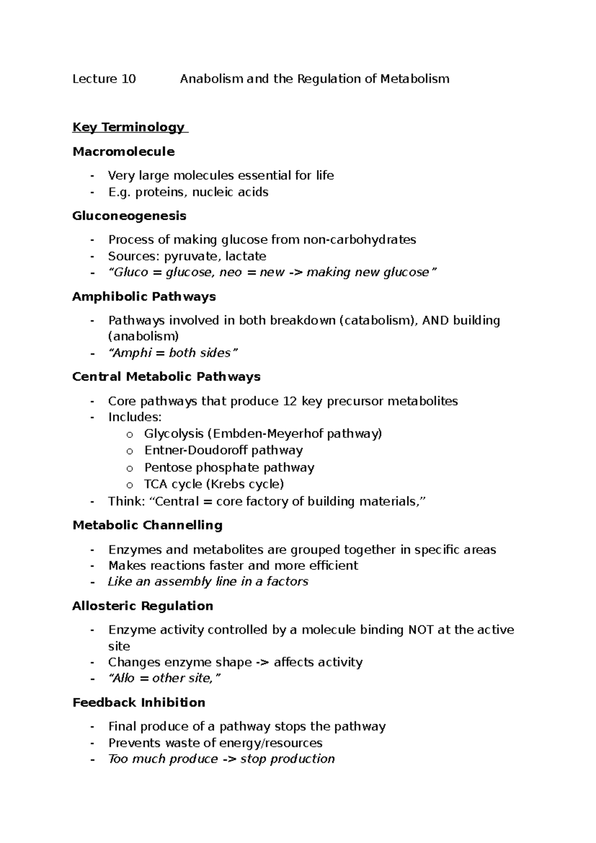 Lecture 10: Anabolism & Metabolism Regulation Overview - Studocu