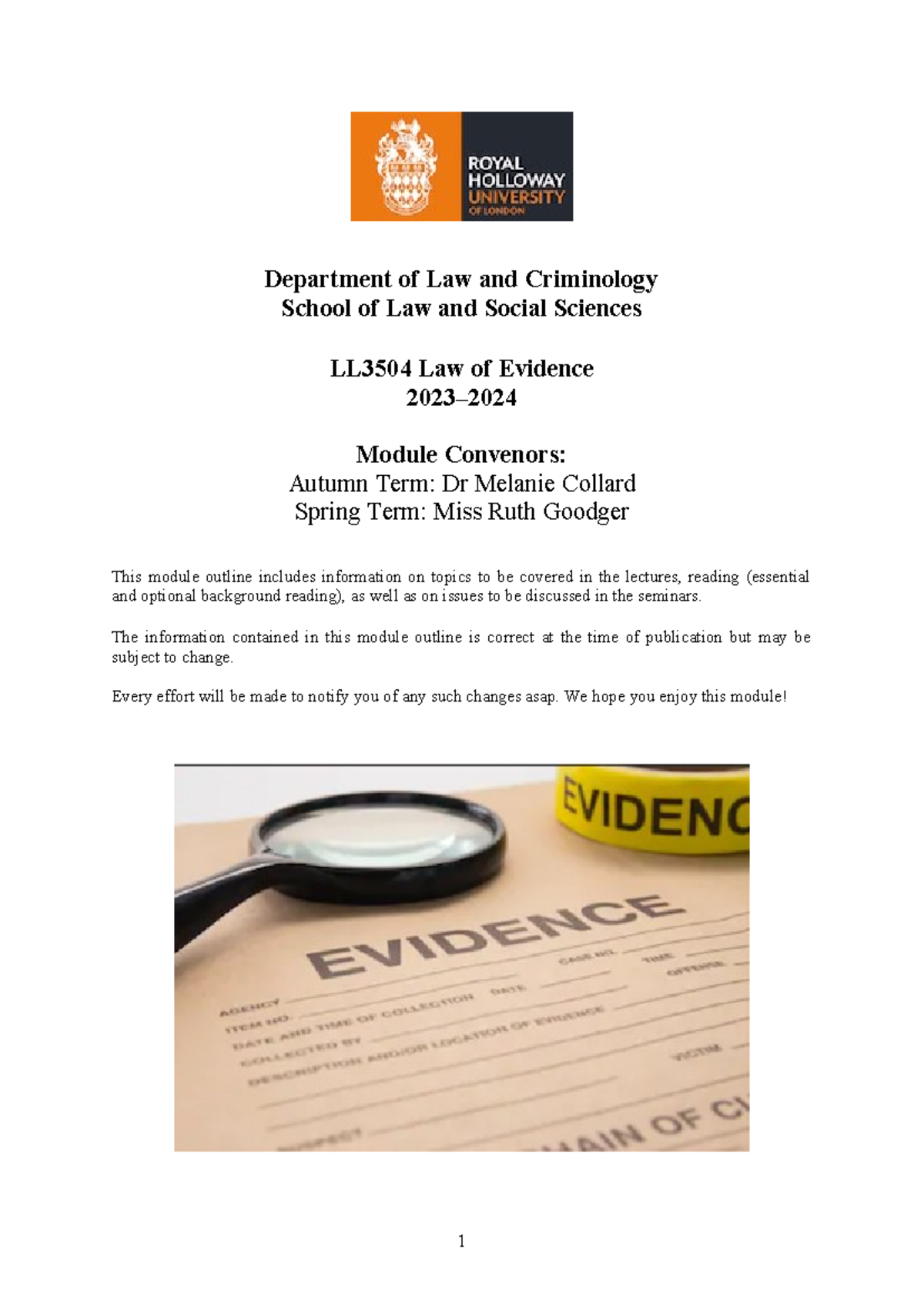 LL3504 Law of Evidence Module Guide 2023-2024: Key Information and ...