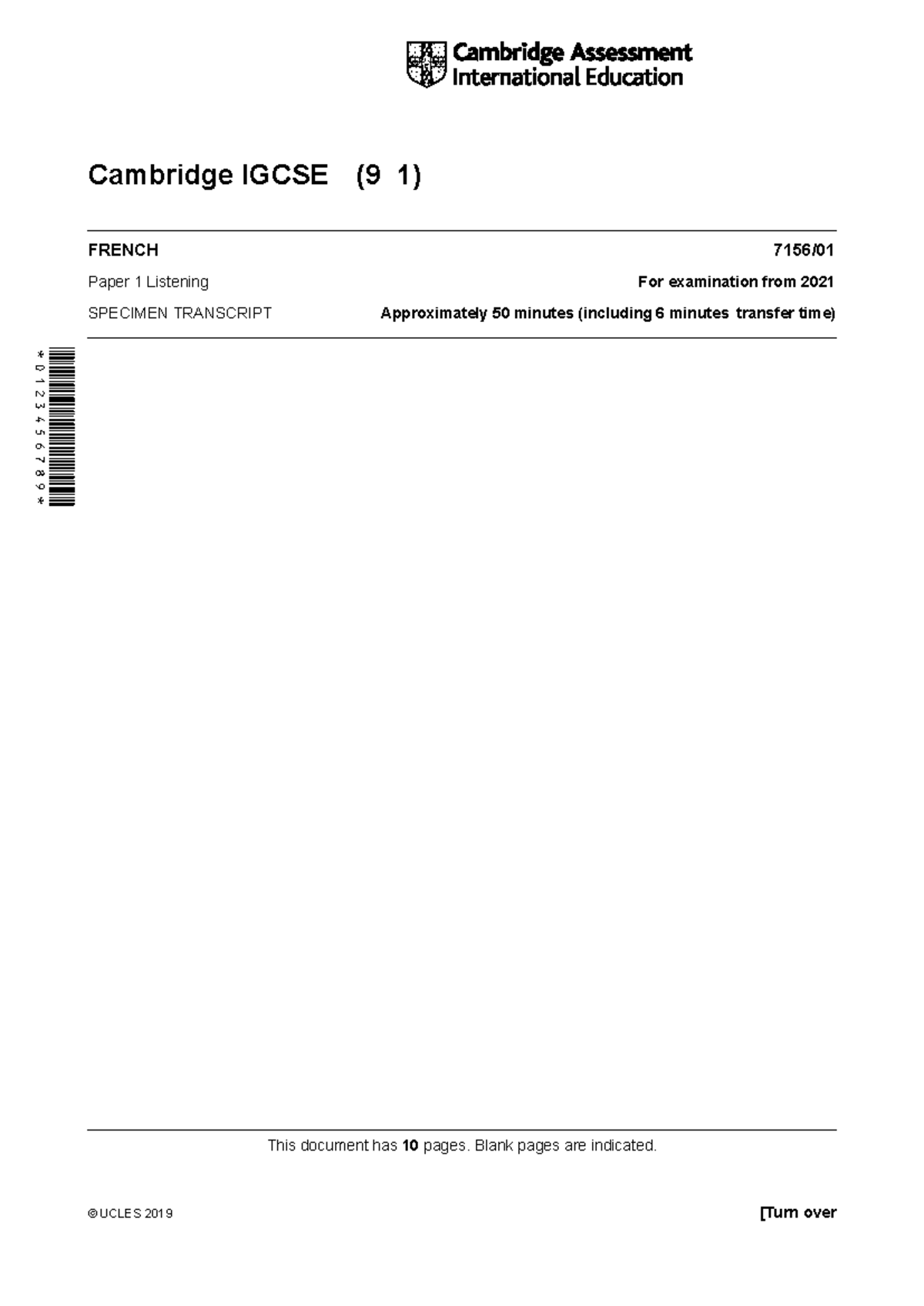 Cambridge IGCSE French 7156/01 Listening Transcript (2021 Exam) - Studocu