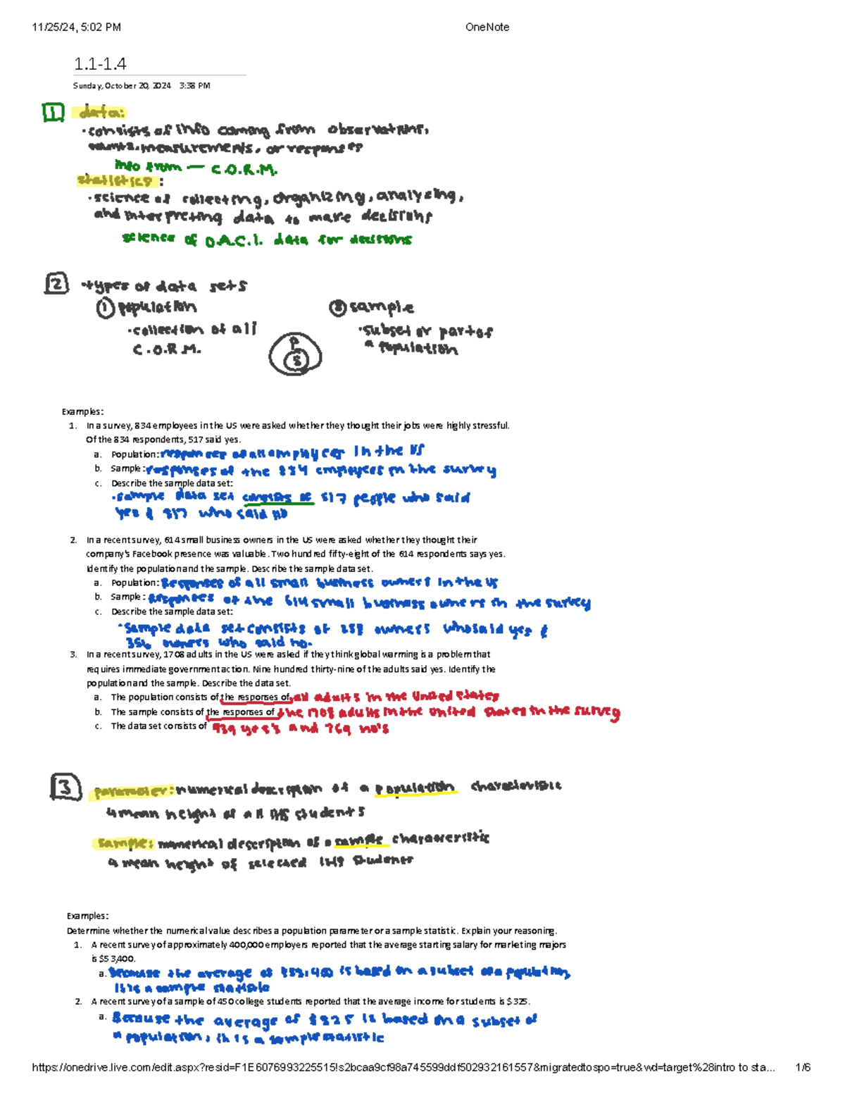 Stat U1 Notes - 1-1. Sunday, October 20, 2024 3:38 PM Examples: 1. In a ...