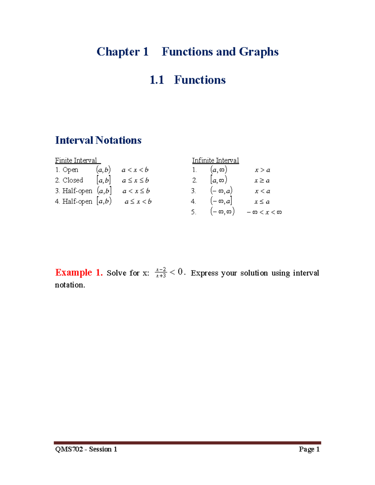 QMS702 - Functions and Graphs - Lecture Notes - Chapter 1 Overview ...