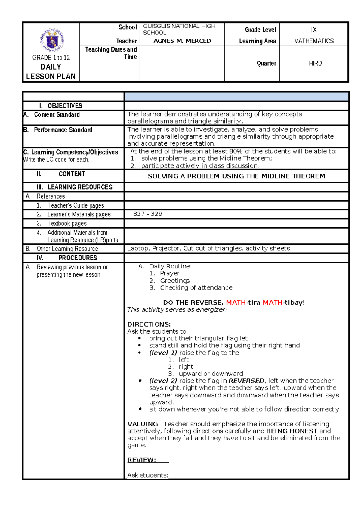 COT 2 - Midline Theorem Lesson Plan for Grade IX - February 2023 - Studocu