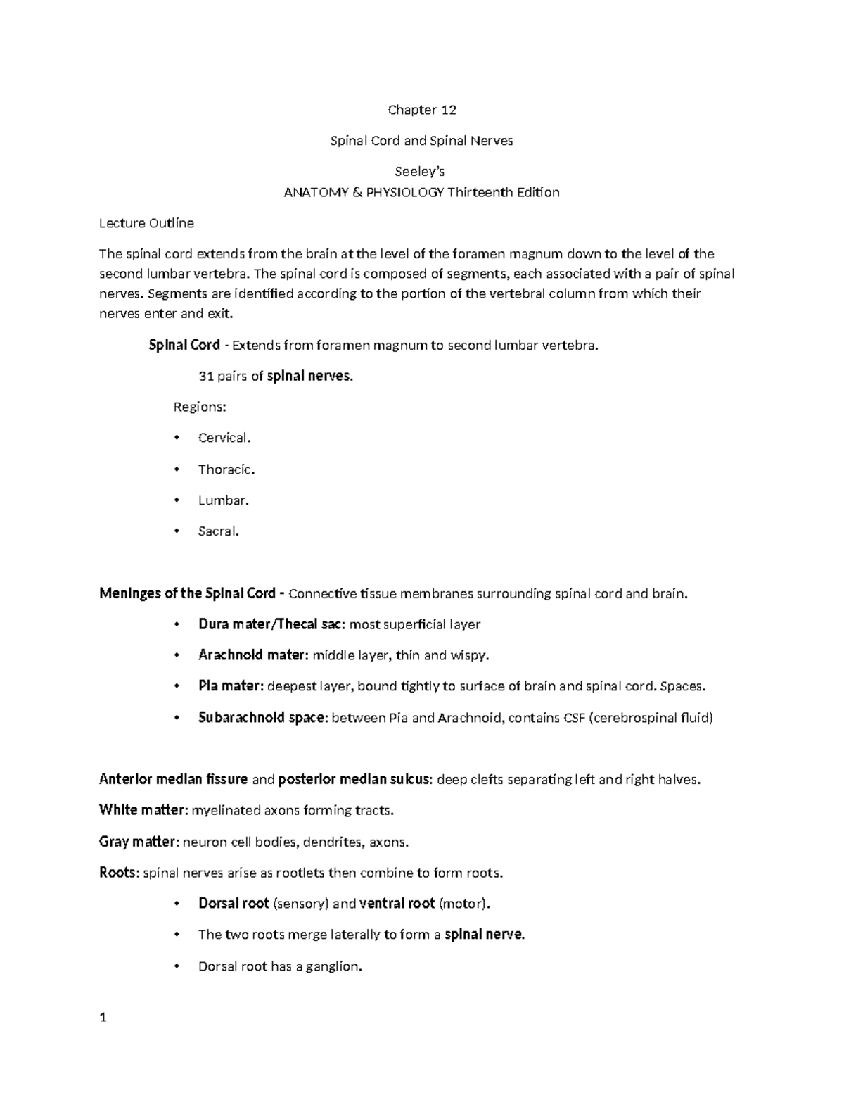 Lecture Outline: Spinal Cord & Spinal Nerves - ANAT 12 - Studocu