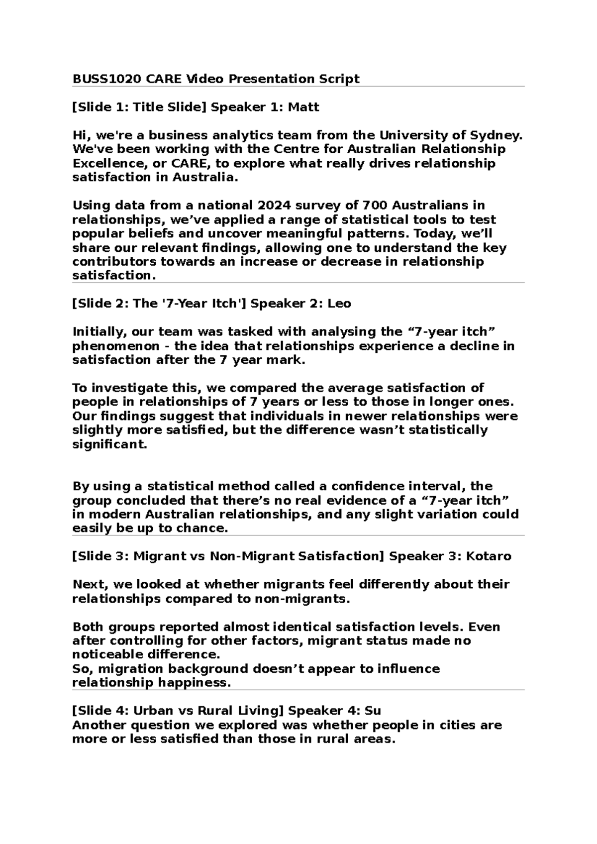BUSS1020 CARE Video Presentation Script: Relationship Satisfaction ...