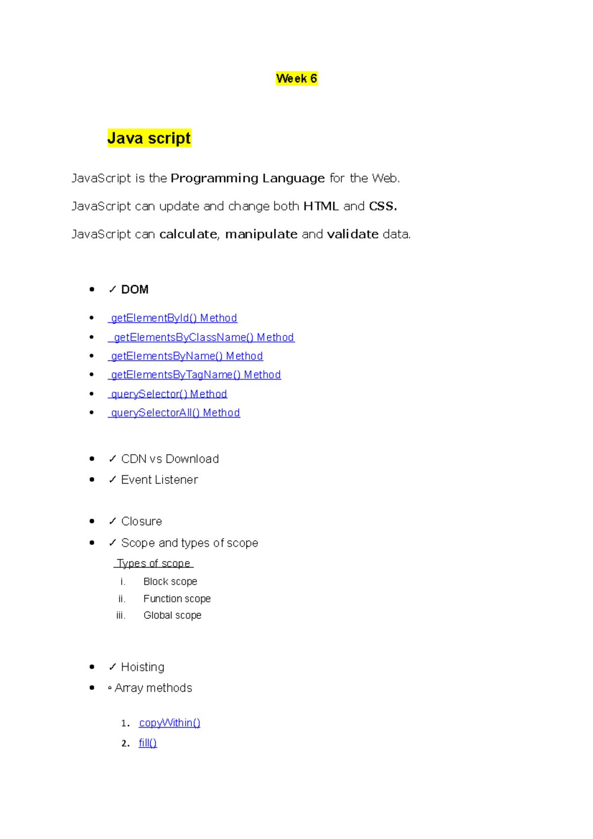 JavaScript Overview and Concepts - Week 6 Lecture Notes - Studocu