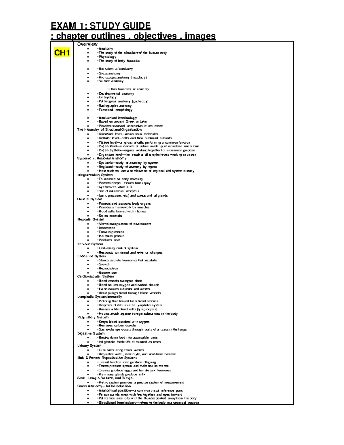 **BIO 231: Exam 1 Outline - Comprehensive Study Guide for Anatomy ...