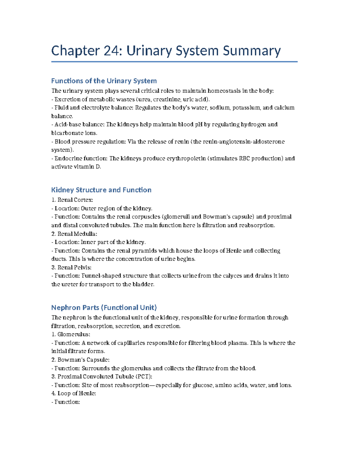 Chapter 24: Summary of the Urinary System Functions and Disorders - Studocu