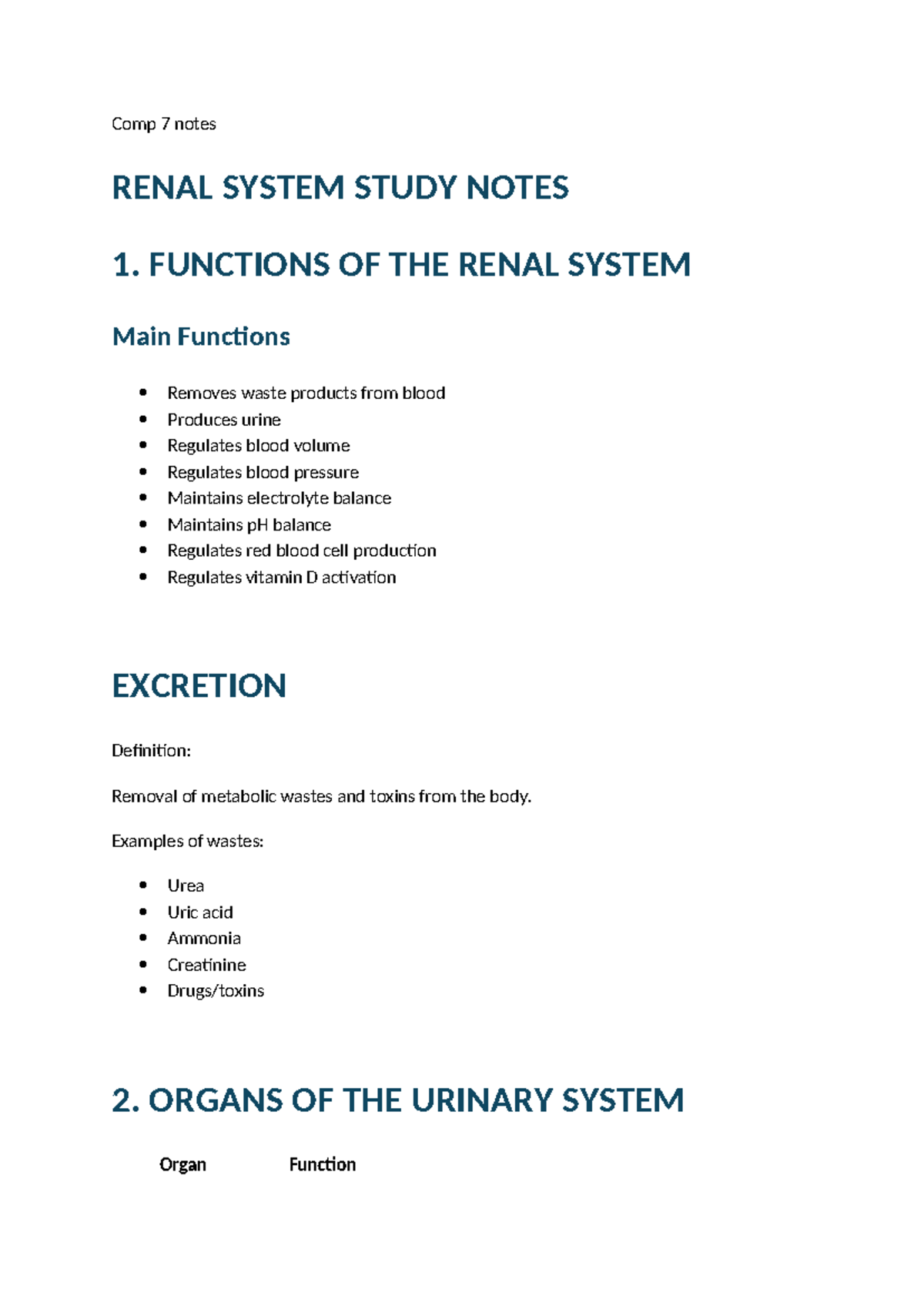 COMP 7 Renal System Study Notes: Functions, Anatomy & Urine Formation ...