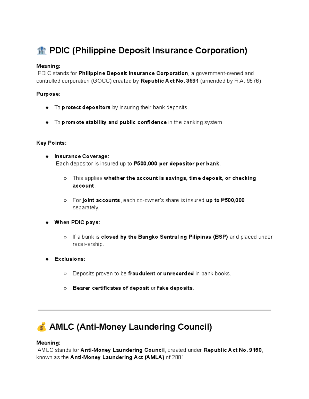 PDIC & AMLC: Key Notes on Deposit Insurance and Money Laundering - Studocu