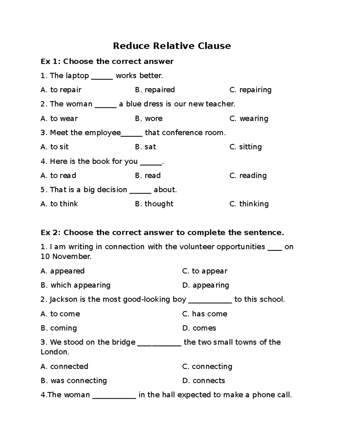 Reduce Relative Clause Exercises: Practice & Answers - Studocu