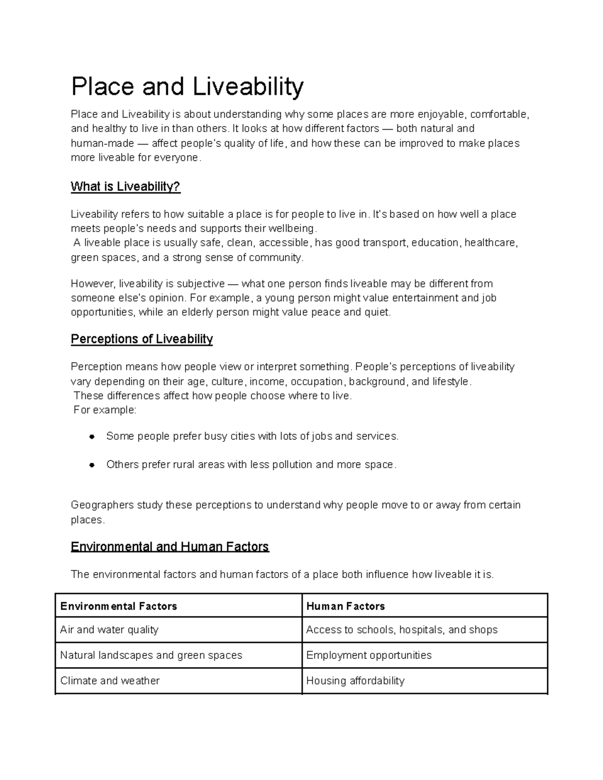 Geography Notes: Understanding Place and Liveability Factors - Studocu