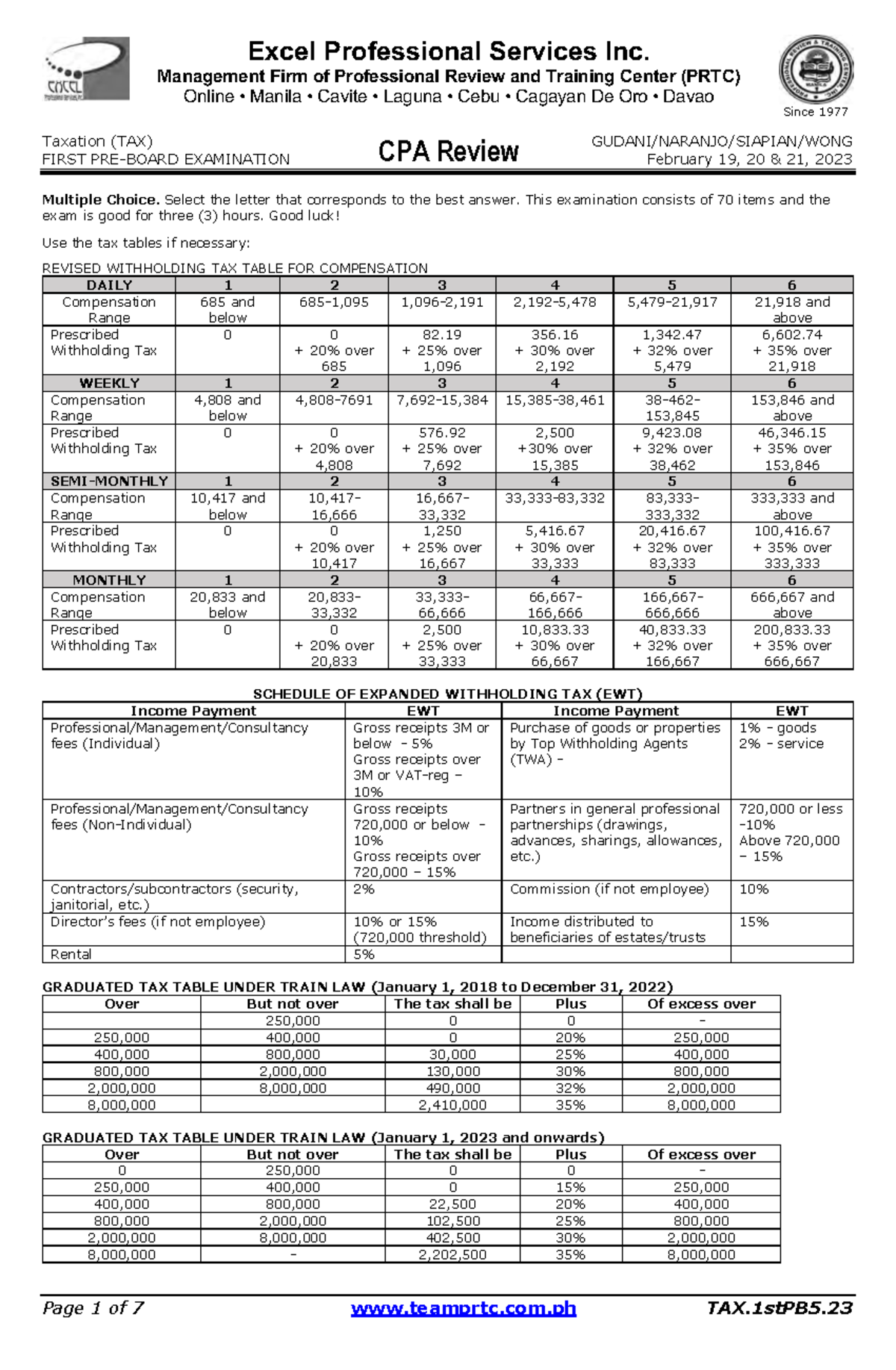 PRTC TAX First Pre-Board Exam Preparation Notes May 2023 - Studocu