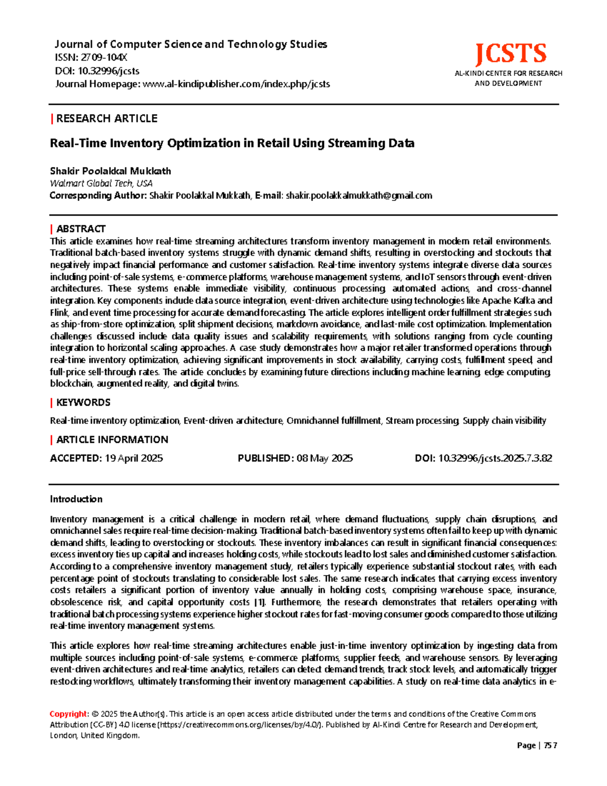 Real-Time Inventory Optimization in Retail Using Streaming Data JCSTS ...