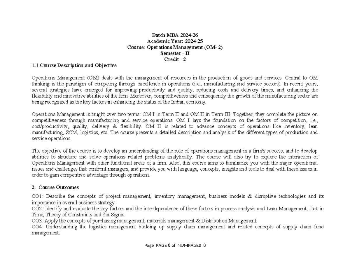 Operations Management II Course Module Overview - Batch MBA Semester II ...
