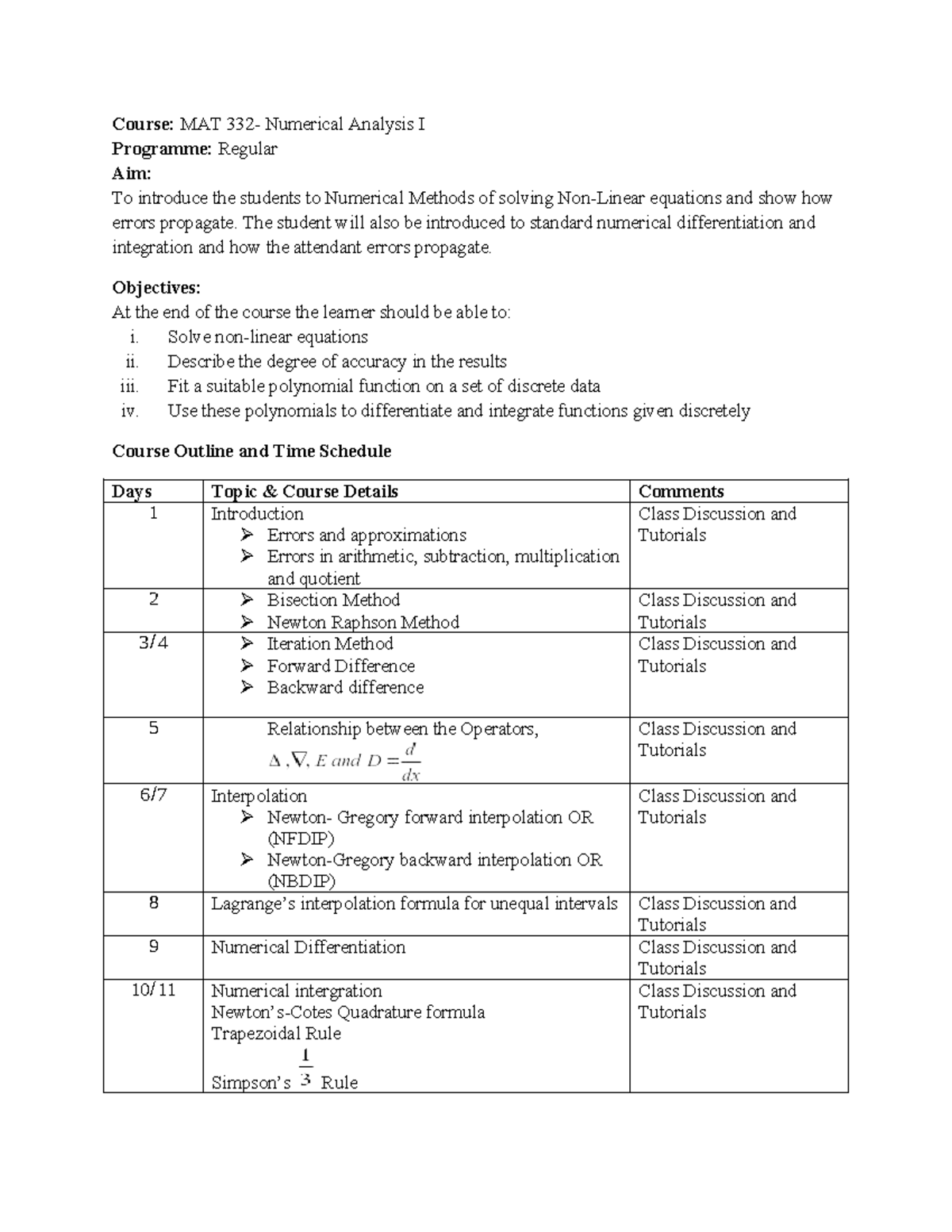 MAT Numerical Analysis I: Course Outline & Notes - Studocu