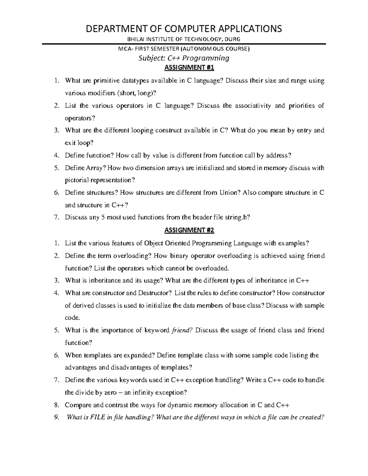 C++ Programming Assignment - MCA 1st Sem - Comprehensive Questions ...