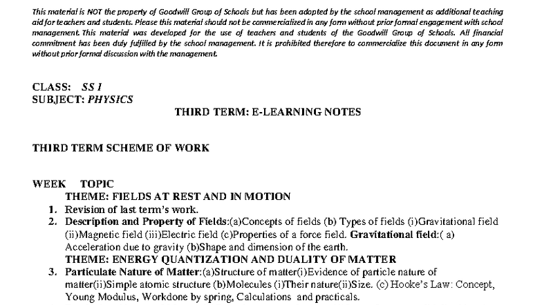 Third Term SS1 Physics Notes: Fields, Matter, and Energy Concepts - Studocu
