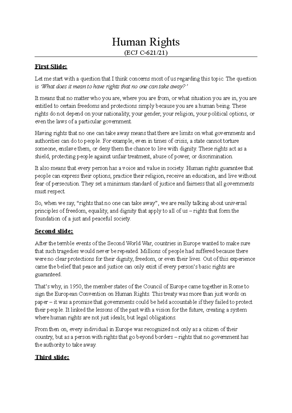 Human Rights Overview: Key Principles and the ECJ (Presentation) - Studocu