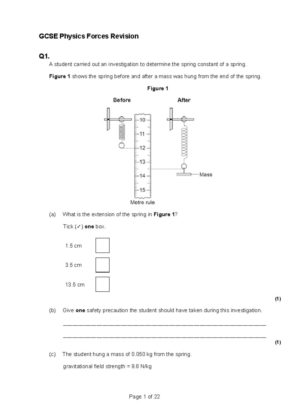 GCSE Physics Forces Revision Q1: Spring Constant Investigation Notes ...