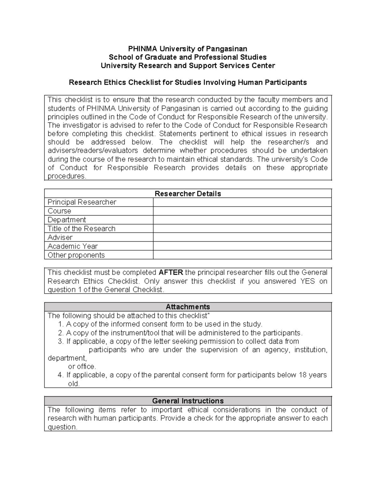 Research Ethics Checklist for Human Participants - PHINMA University ...