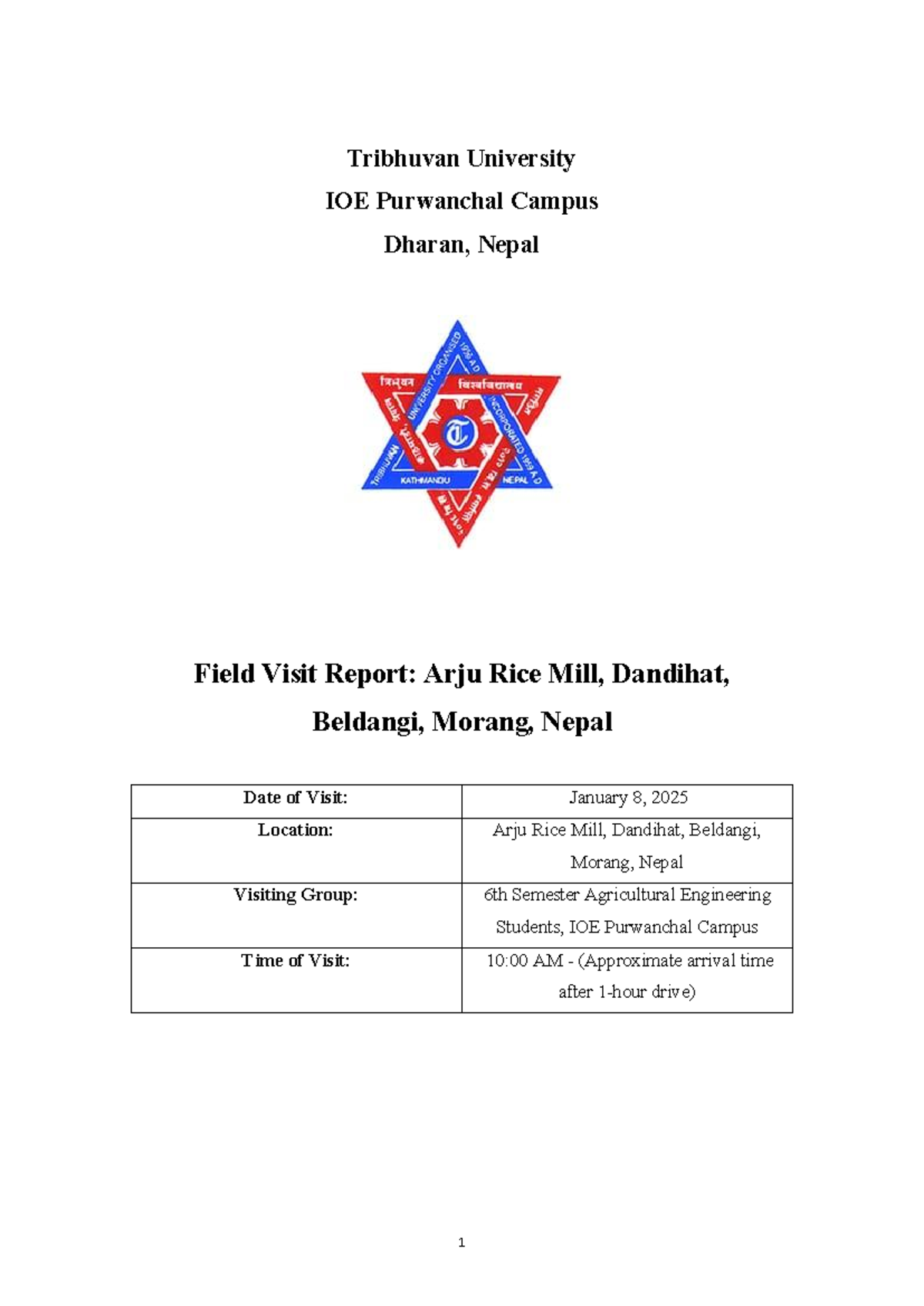 Field Visit Report: Arju Rice Mill - 6th Sem Agri Engg, IOE - Studocu
