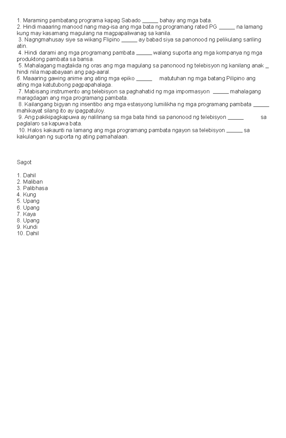 Pangatnig Quiz - Pagsamahin ang mga Pangungusap - Studocu