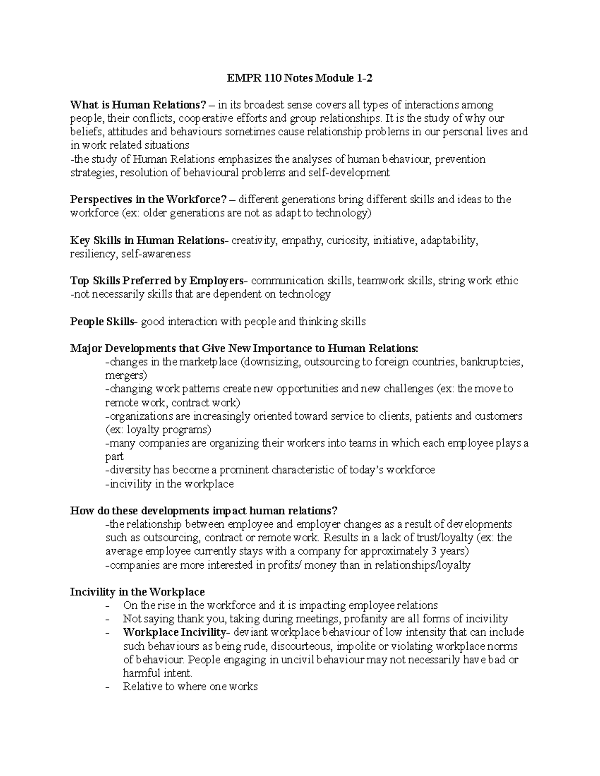 EMPR 110 Final Exam Notes: Human Relations Module Overview - Studocu