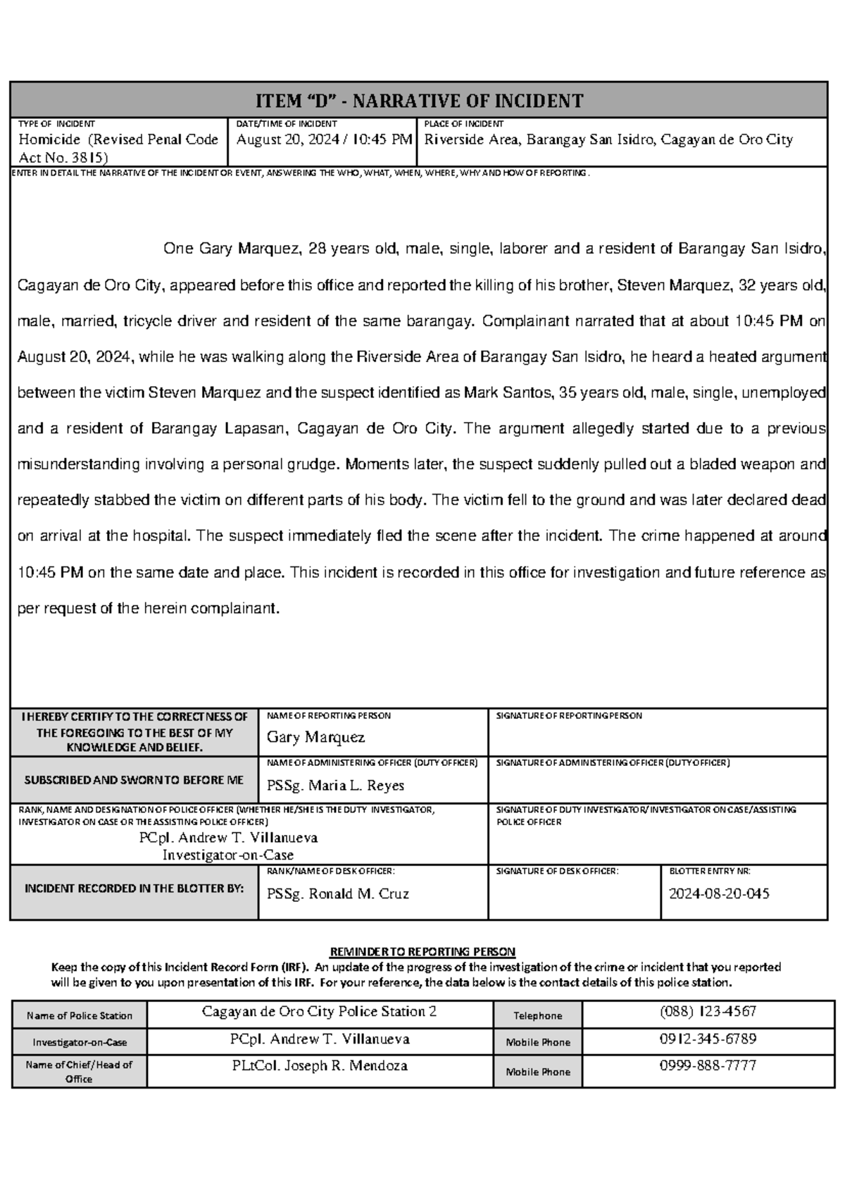 Incident Report: Homicide Case of Steven Marquez - August 20, 2024 ...