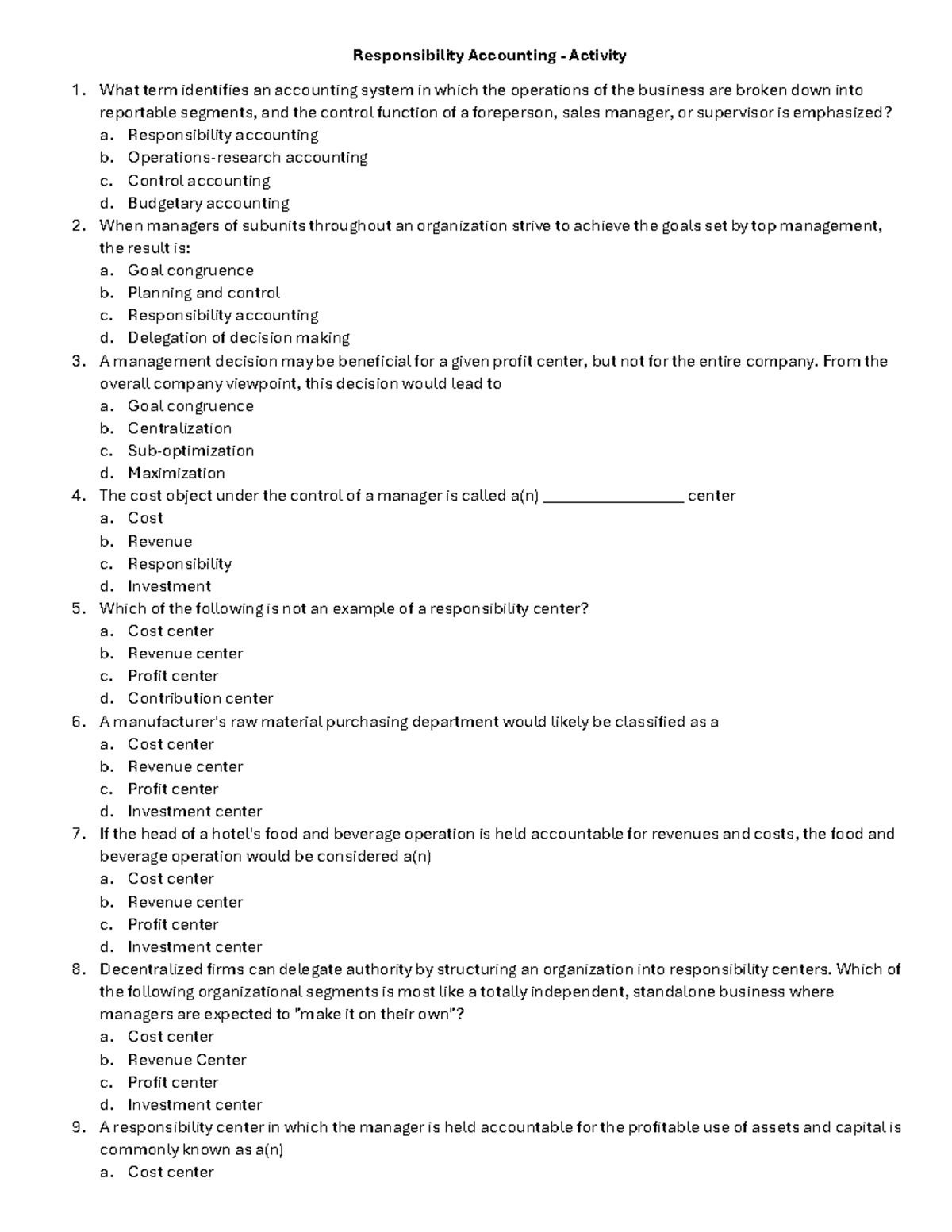 Responsibility Accounting Activity 1: Key Concepts and Questions - Studocu
