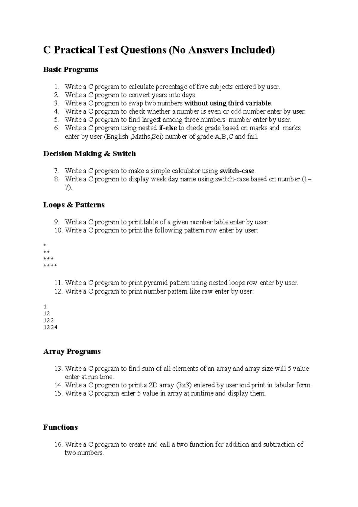 C Practical Test Questions: Basic Programs and Exercises - Studocu