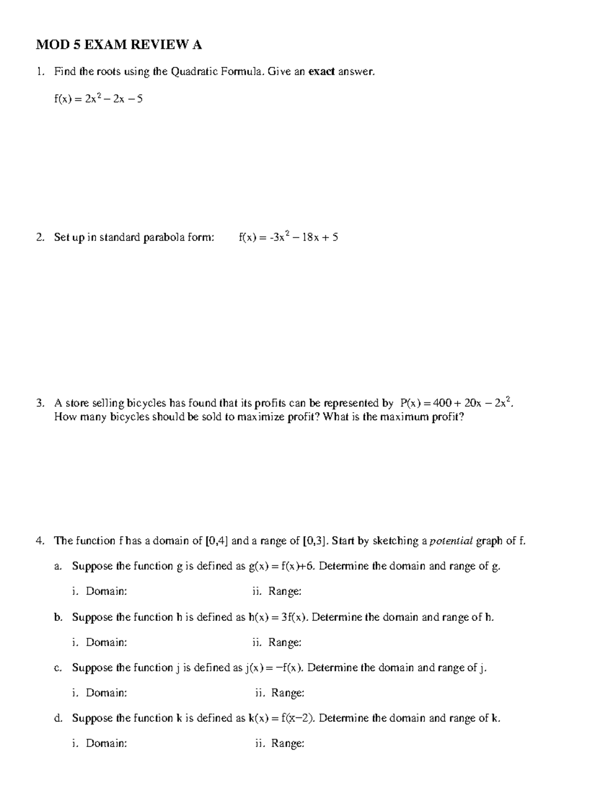 4-13-2023 MOD 5 Test Review A - MOD 5 EXAM REVIEW A 1. Find the roots ...