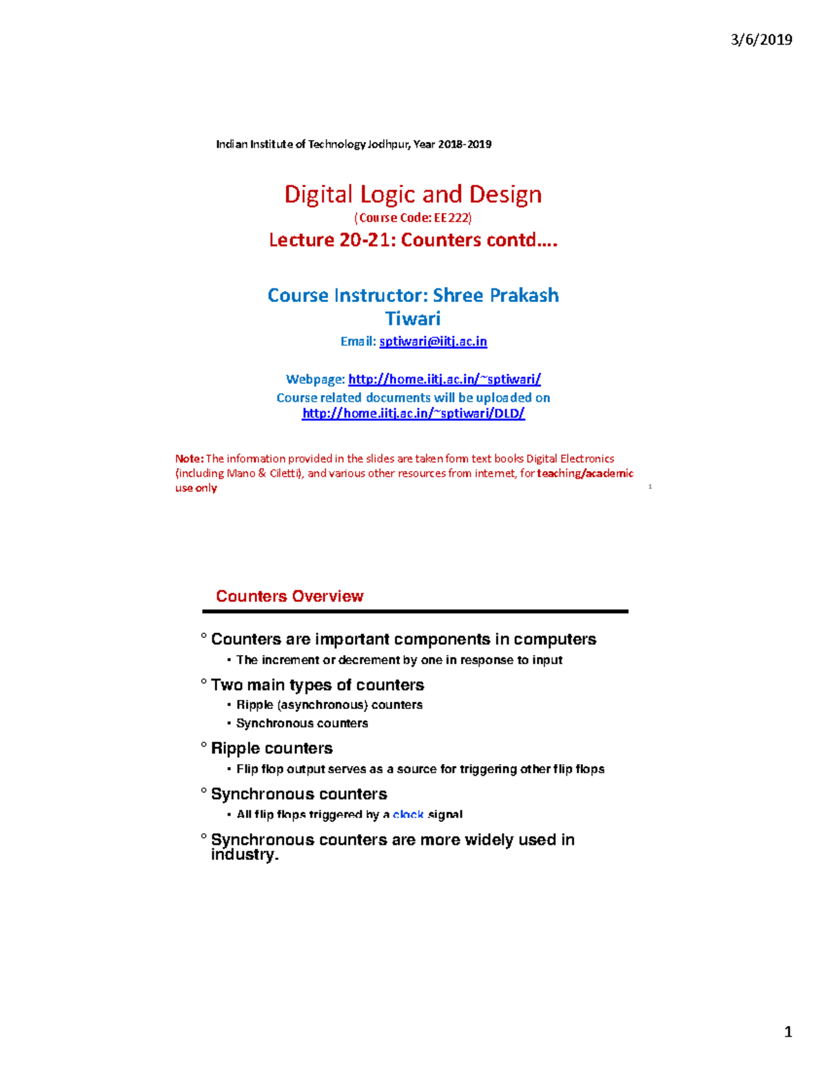 Lecture Notes on Counters - Digital Logic and Design (Course Code: IITJ ...