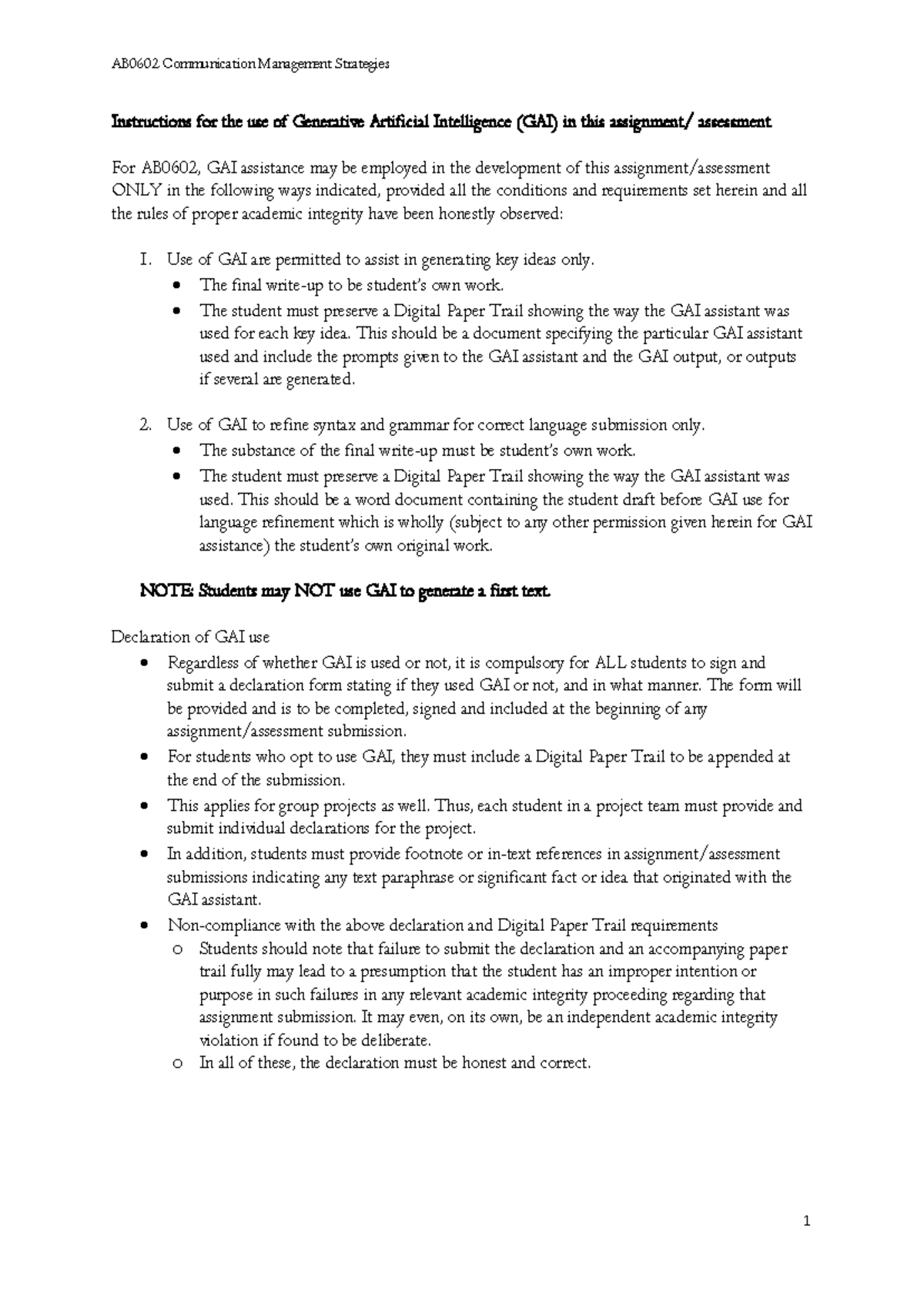 AB0602 Communication Management: GAI Use Guidelines and Declaration ...