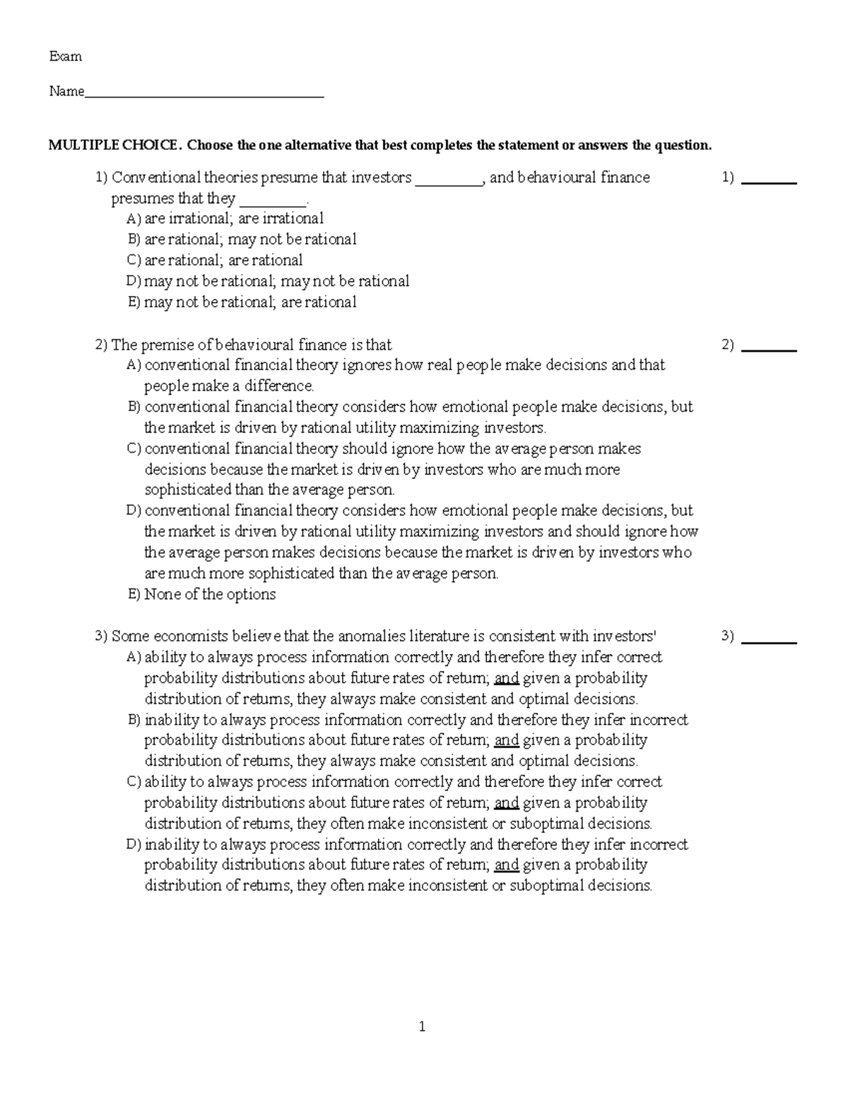 Behavioural Finance - Tbank Chapter 10 Exam Questions & Answers - Studocu