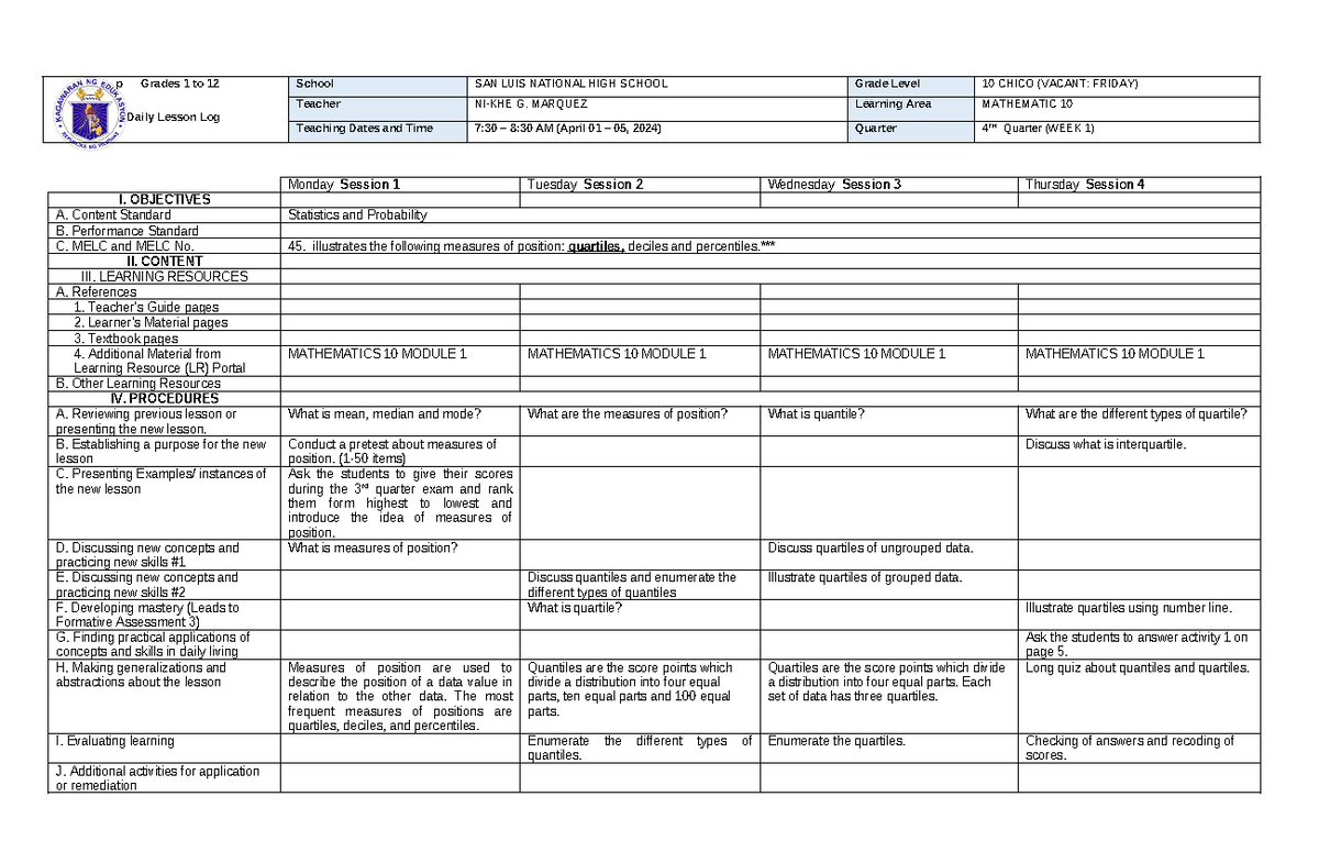 MATHEMATICS 10 Daily Lesson Log: 4th Quarter Weeks 1-7 - Studocu