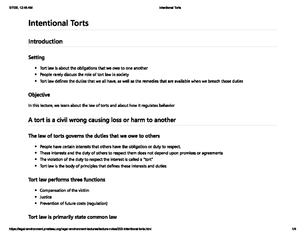Intentional Torts - Exam 2 - Study/Lecture Notes - Studocu