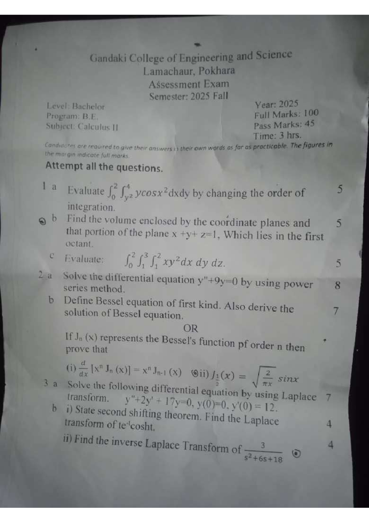 Calculus II Internal Assessment Exam - B.E. 2025 Fall - Studocu