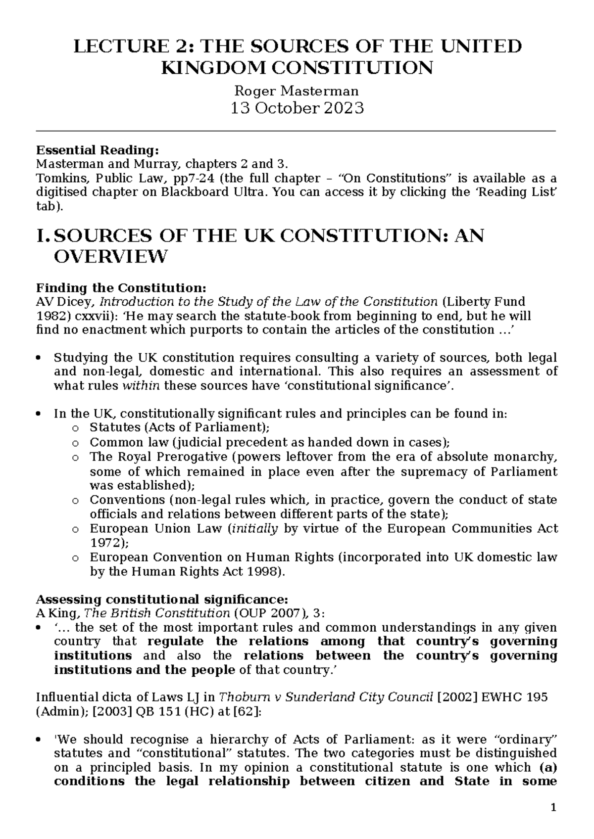 L2 Constitutional Law - Lecture 2: Sources of the UK Constitution - Studocu