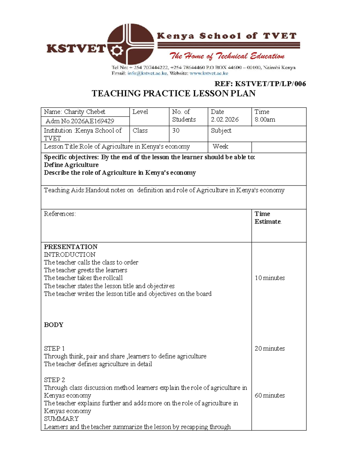 REF: TEACHING PRACTICE LESSON PLAN - Role of Agriculture in Economy ...