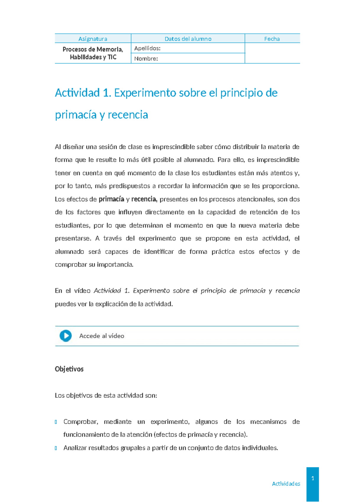 Actividad 1: Experimento de Primacía y Recencia en Procesos de Memoria ...