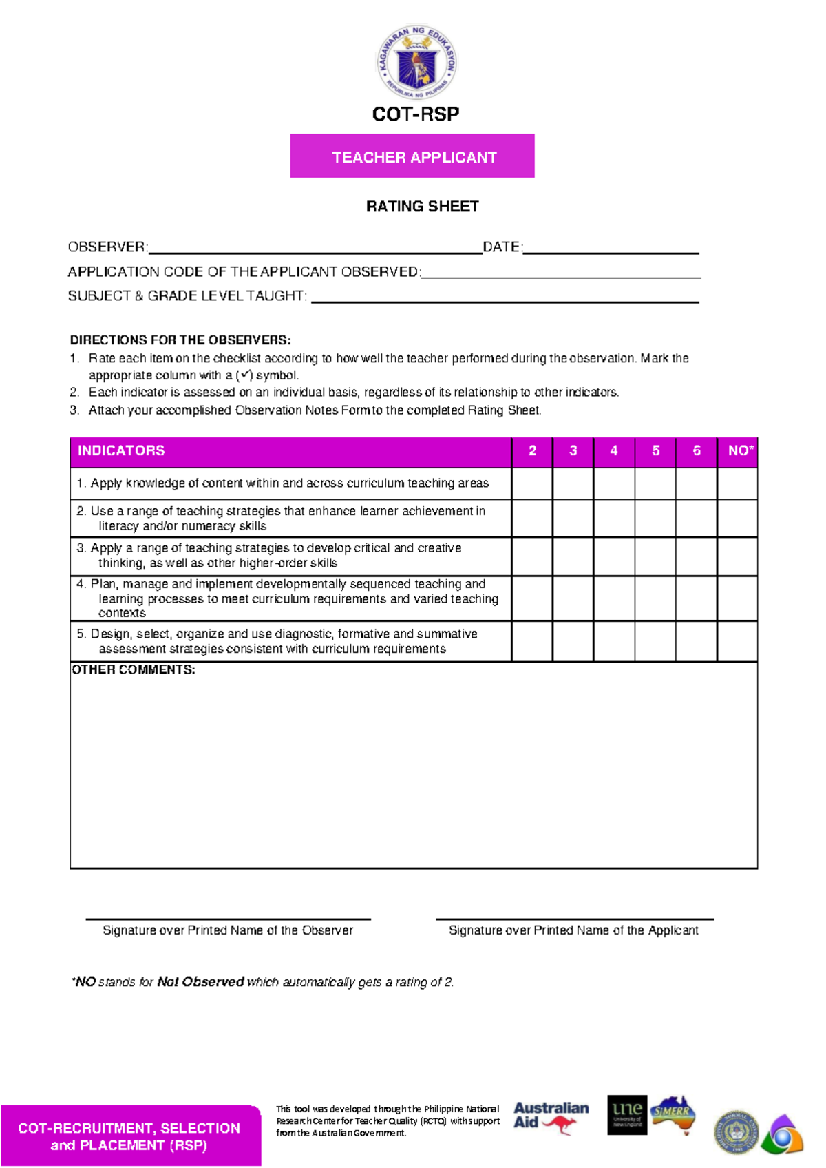COT-RSP Teacher Observation Rating Sheet and Guidelines - Studocu