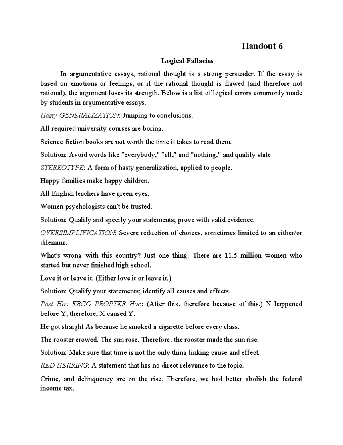 Unit 12 - HO 6 - Common Logical Fallacies in Argumentative Essays - Studocu