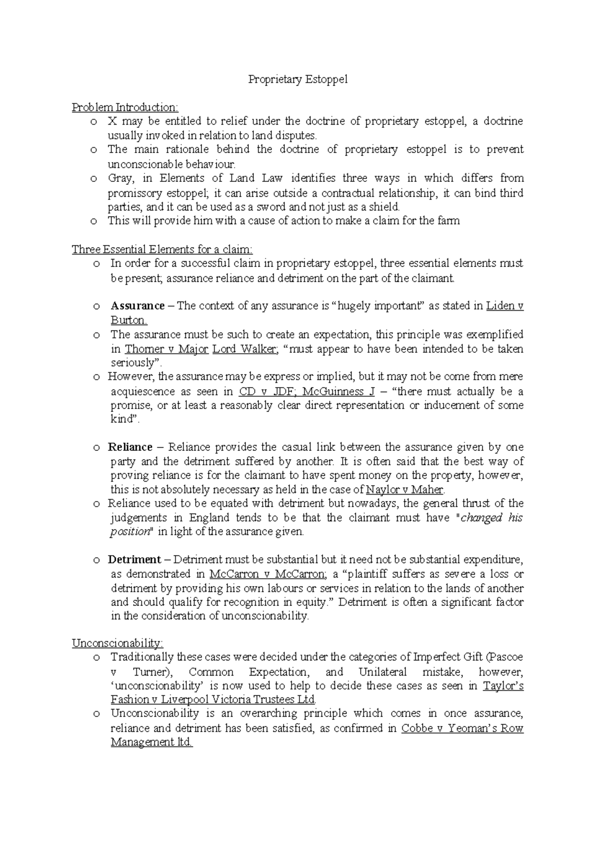Equity I - Proprietary Estoppel Exam Notes and Key Cases Analysis - Studocu