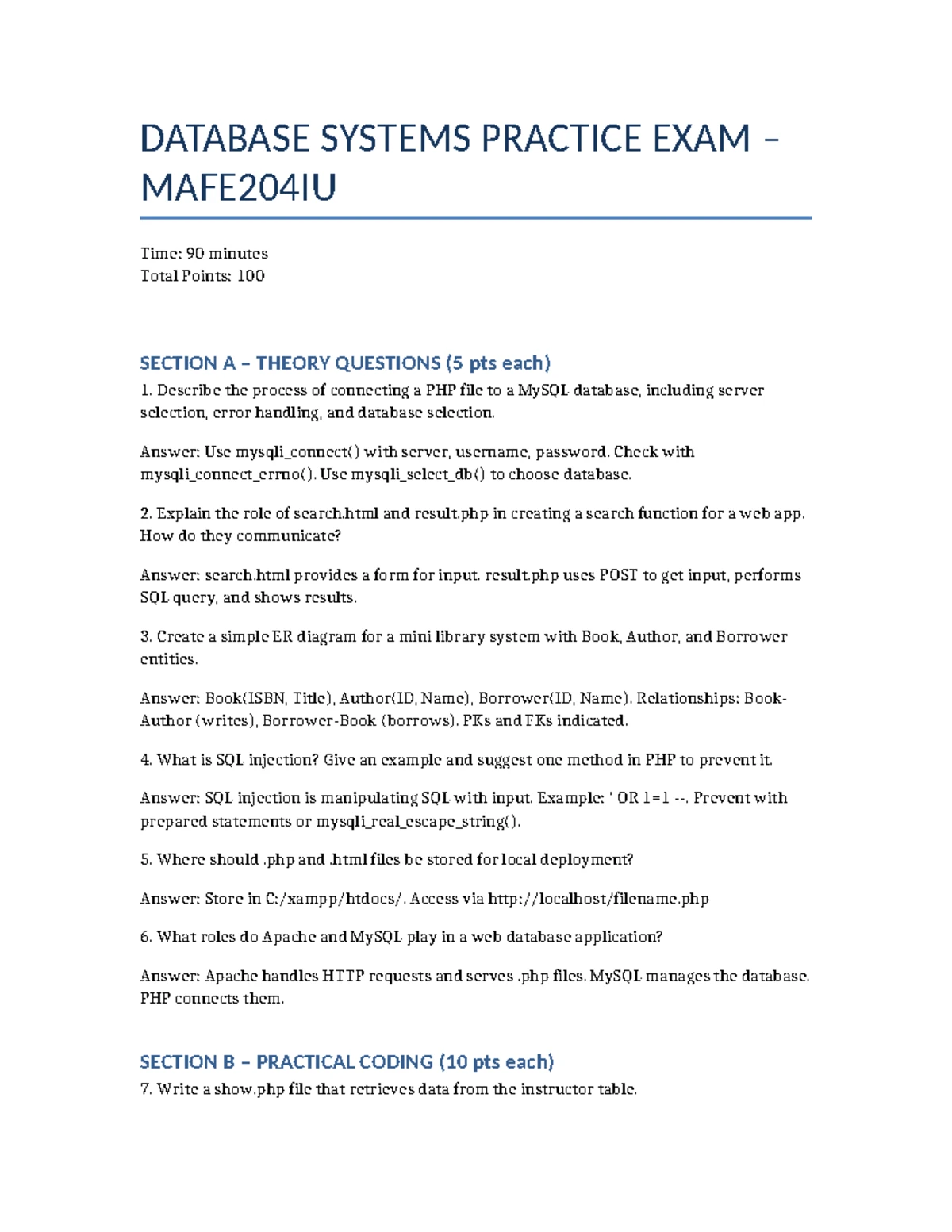 Final Exam Review for DATABASE SYSTEMS MAFE204IU: Theory & Written ...